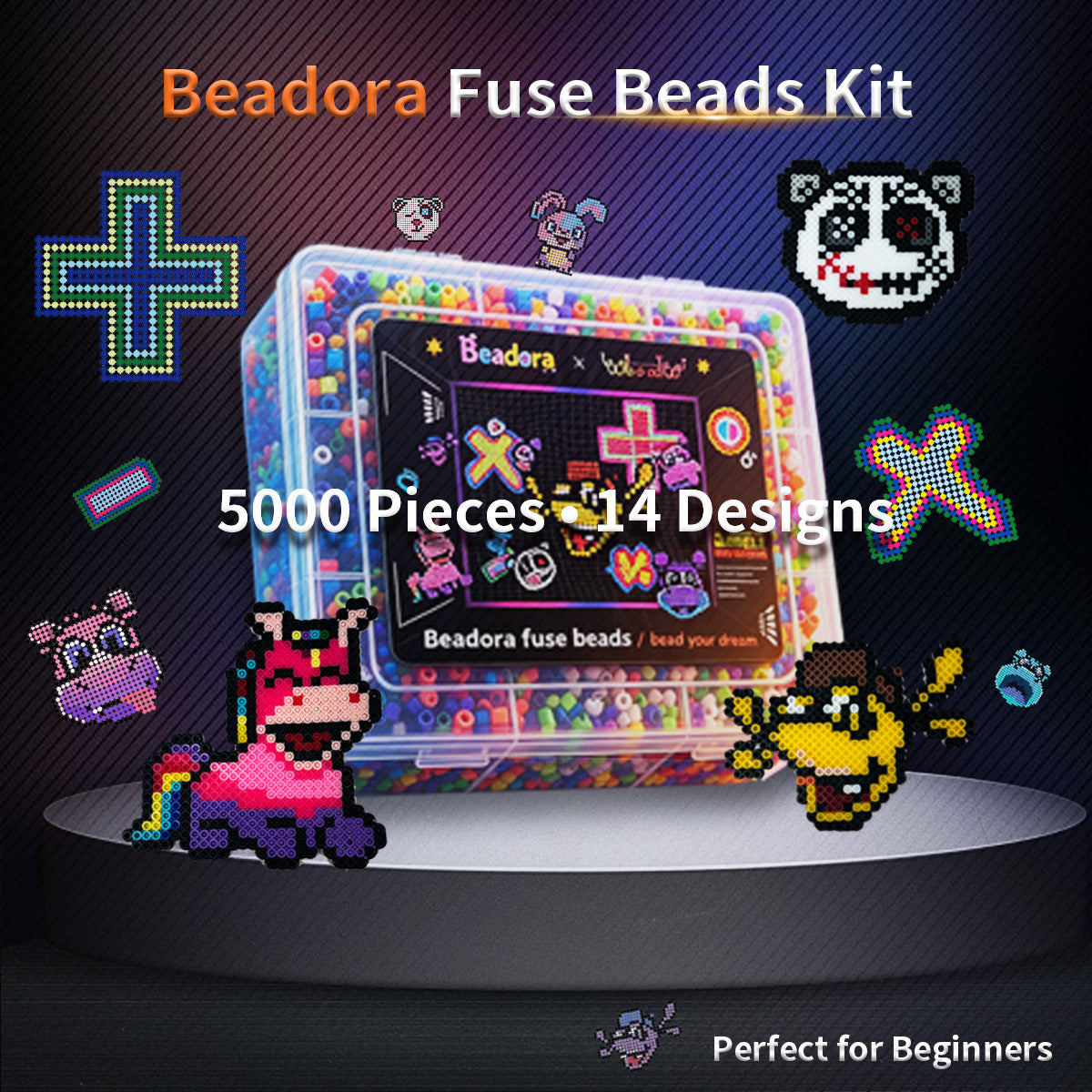 Beadora & Woooowshow 5.0mm Perler Beads DIY Kit – 18 Colors, 5000 Beads, 14 Design Patterns, Complete Craft Starter Set
