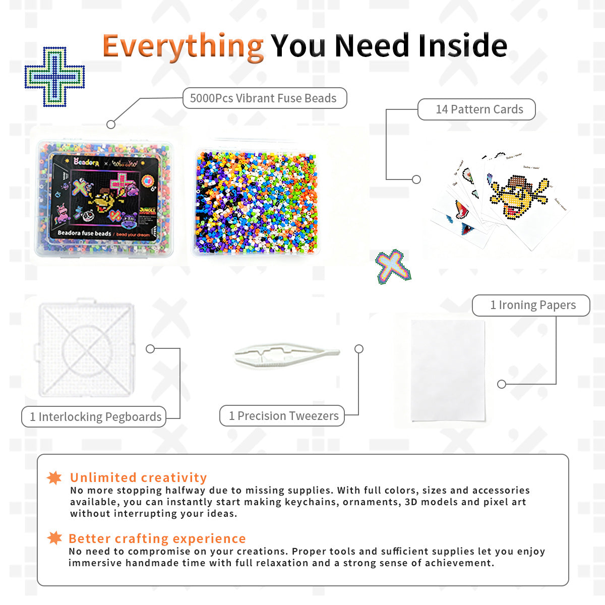 Beadora & Woooowshow 5.0mm Perler Beads DIY Kit – 18 Colors, 5000 Beads, 14 Design Patterns, Complete Craft Starter Set