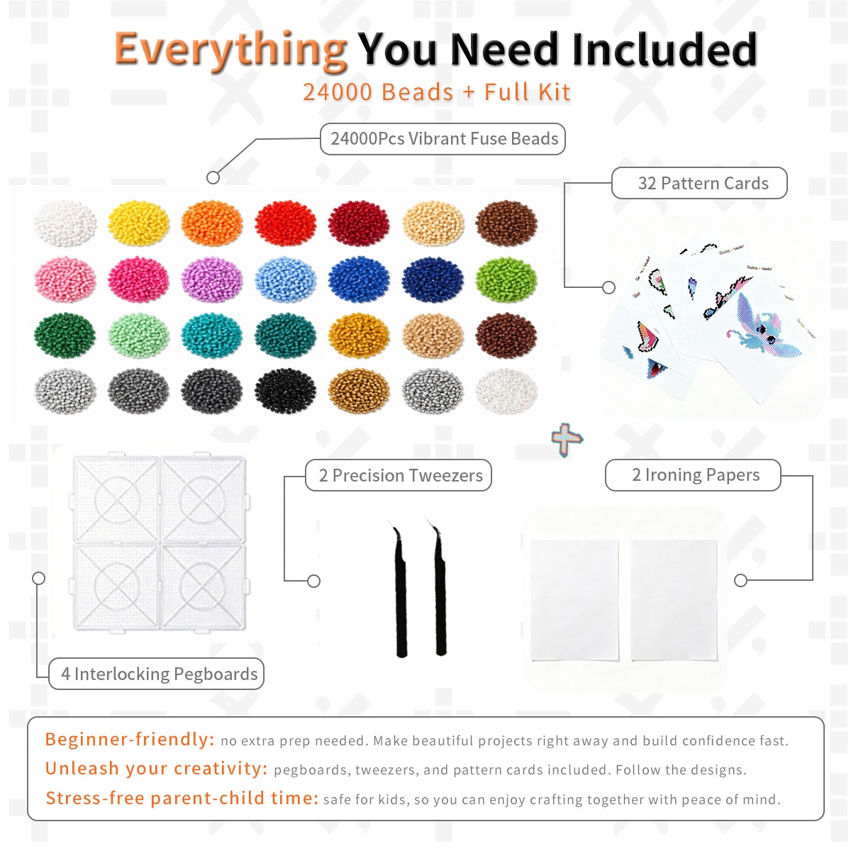 Beadora & Woooowshow 2.6mm Perler Beads DIY Kit – 48 Colors, 24000 Beads, 32 Pattern Designs, Complete Creative Craft Set